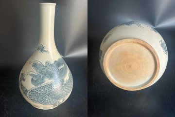 ▼渡鶴羽▼P653珍品旧蔵 朝鮮 高麗磁 朝鮮古陶磁器 古高麗 李朝時代 李朝白磁龍紋玉壺春