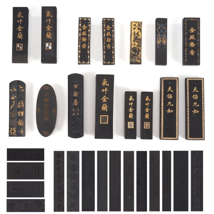 【夢工房】文房四宝 中国 唐?墨 古墨 15丁 曹素功尭千 上海墨 等　重量計798g　EE-037