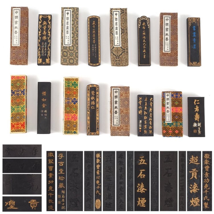 【夢工房】文房四宝 中国 唐?墨 古墨 八丁 曹素功尭千 箱入　重量計544g 　EE-033