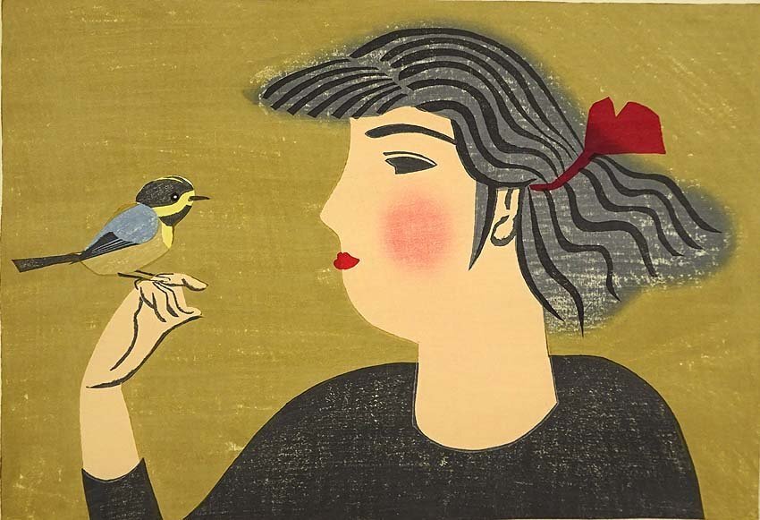 緑屋t■ 大判 木版画　版画家 前川千帆 作　『山雀と少女』　昭和?三十年制作　bnim/2-094/19-3#80