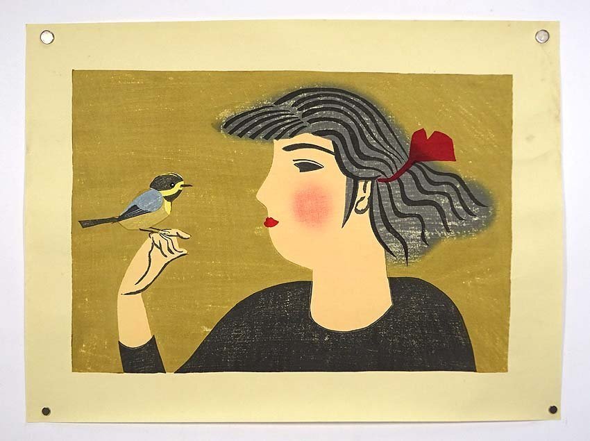 緑屋t■ 大判 木版画　版画家 前川千帆 作　『山雀と少女』　昭和?三十年制作　bnim/2-094/19-3#80