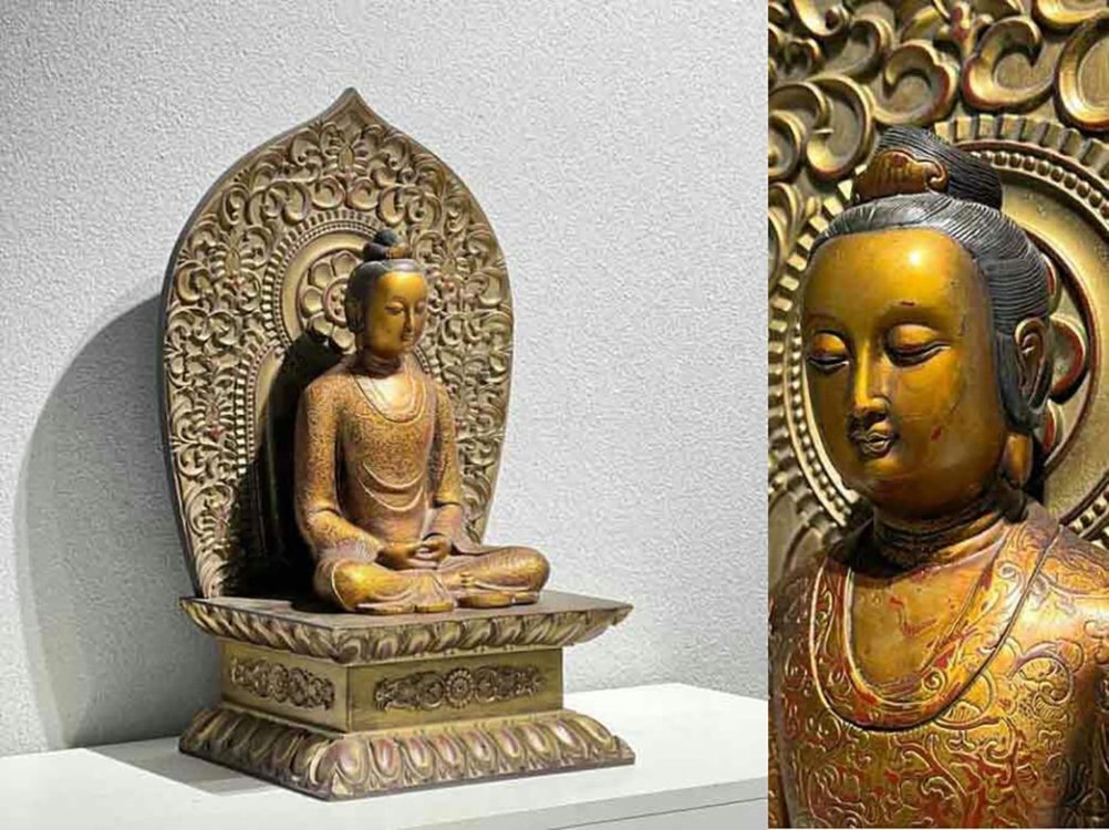 ■観心・時代?旧蔵■K918清?時代? 紫銅塗金 自在観音 細工彫刻★仏教古美術★仏像★細密細工★廃寺旧蔵★廃寺買出品