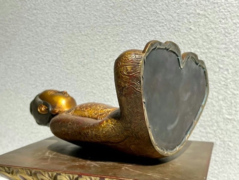 ■観心・時代?旧蔵■K918清?時代? 紫銅塗金 自在観音 細工彫刻★仏教古美術★仏像★細密細工★廃寺旧蔵★廃寺買出品