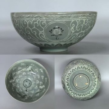 『珍品旧蔵』D1173朝鮮古美術 朝鮮古陶 高麗磁 高麗青磁 古高麗 高麗青磁碗 時代物 高麗青磁花卉紋大碗