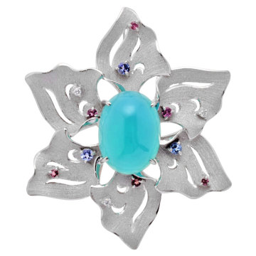 田村俊一 Shun ブローチ ブルーカルセドニー 18.56ct K18WG 23.5g ホワイトゴールド ダイヤモンド タンザナイト ピンクトルマリン