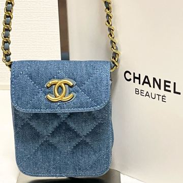 1円〜[新品・未使用品】CHANEL シャネル ノベルティ ミニショルダーバッグ デニム風 ブルー マトラッセデザイン ゴールド金具 非売品 