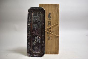 【英】A10 時代 清朝螺鈿軸盆 D38㎝ 中国美術 朝鮮 韓国 漆芸 漆器 青貝 角盆 長方盆 骨董品 美術品 古美術 時代品 古玩
