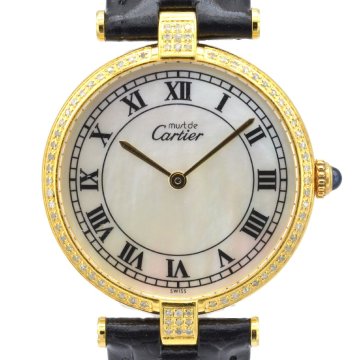 1円～稼働品 CARTIER カルティエ マストヴァンドーム　590003 ダイヤベゼル　GP/革　シェル文字盤　QZ　30ｍｍ　レディース腕時計
