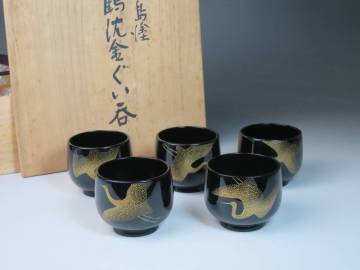 輪島塗【三谷吾一】鶴沈金ぐい呑 五客 共箱　酒器/杯/ぐい呑み
