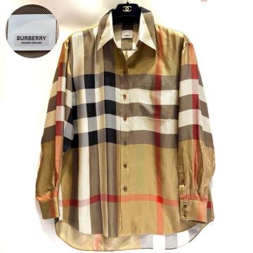 希少美品●BURBERRY バーバリー メガチェック ノバチェック シルク シャツ 長袖 ブラウス ブラウン メンズ レディース 