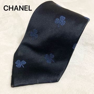 【1円スタート】CHANEL シャネル ネクタイ　シルク　CCロゴ入り　三つ葉　ブラック