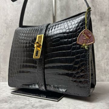 定価25万/美品● MAURO GOVERNA JRA リアルクロコダイル シャイニングクロコ ショルダーバッグ センター取り ワニ革 鰐皮 黒 レディース
