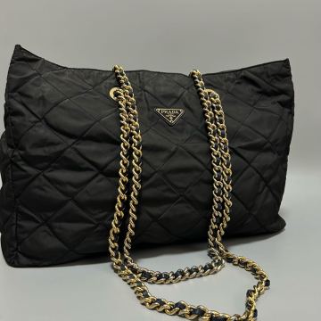 1円 PRADA プラダ　 チェーン トートバッグ ショルダーバッグ ワンショルダーバッグ 三角プレート　レディース 金具 ゴールド 正規品本物