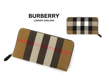 13万新品◆BURBERRYバーバリーチェック柄 コットンキャンバス ラウンドジップ長財布 トープブラウン茶 1円