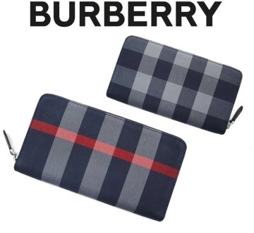13万新品◆BURBERRYバーバリーチェック柄 コットンキャンバス ラウンドジップ長財布 ネイビー紺 1円