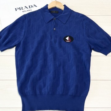 未使用級/L(50)サイズ相当●PRADA プラダ 船ワッペンロゴ 3D模様ニット 総柄 ポロシャツ 半袖 ブルー メンズ トップス