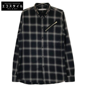 1円/国内正規 GIVENCHY ジバンシィ 17F 6007 334 ブラック チェック ジップデザイン ロングスリーブシャツ トップス 38 メンズ