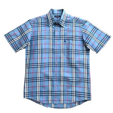 1円 極美品 未使用級 Burberry London リネン混 ノバチェック 半袖シャツ ブルー系 バーバリーロンドンsizeM 麻 ワンポイント刺繍 三陽商会