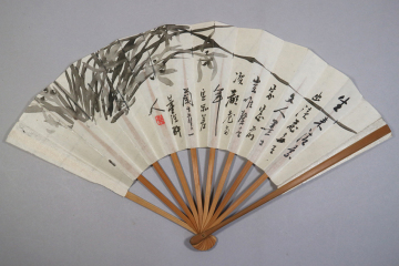 sg93) 真筆 董〇〇 画賛 書・扇子「蘭図 漢詩文 扇面」墨書 ・筆者不詳 ＜清代‐中華民国期 明治時代頃 中国 絵画 南画 文人画 書道 書家