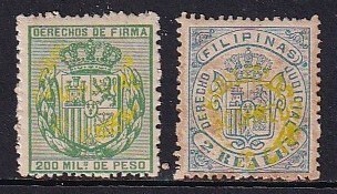 30 フィリピン【未使用】＜「1882-83 SC#120-21 収入印紙への黄加刷 」 2種 ＞