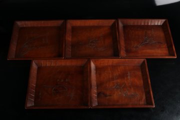 [URA]在銘/木製図替角盆5客/10-7-34　(検索)骨董/盛皿/大皿/丸盆/会席膳/お盆/懐石膳/トレイ/膳/懐石道具/懐石料理