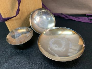 【JZ-0013】1円 銀杯 総重量約225g 純銀 盃 3段 酒器 純銀 刻印 木箱付 シルバー silver 現状品【千円市場】