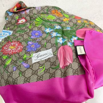 【美品★贅沢品の極み】GUCCI グッチ　スカーフ　ストール　インターロッキング　GG　ロゴ　花柄　総柄　ブラウン　パープル　シルク