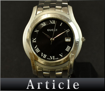224928□動作確認済 GUCCI グッチ 腕時計 クォーツ デイト 3針 ローマン ラウンド 5500M SS ブラック シルバー メンズ アナログ/ D