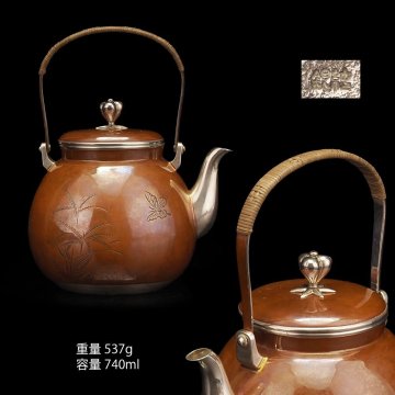 【夢工房】純銀 銅被 花鳥彫 湯沸 時代箱 （ 銅被銀瓶 煎茶 ）　重量537g 銀純度99.01％　ME-045