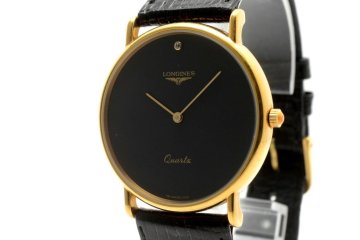 ロンジン グランドクラシック ラウンド ゴールド ブラック 3針 1P 石付き レザー クォーツ QUARTZ レディース 腕時計 LONGINES