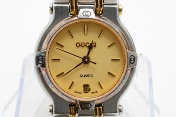 稼働品 GUCCI QUARTZ グッチ クォーツ ラウンド 腕時計 レディース 3針 デイト ゴールド シルバー 9000L