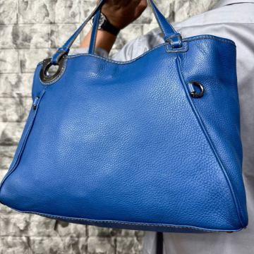 希少カラー/A4収納◎ Salvatore Ferragamo フェラガモ メンズ ビジネス レザー 本革 ガンチーニ トートバッグ 肩掛け シボ革 ブルー 青