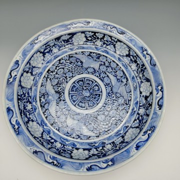 時代物　 染付 大皿 飾り皿 明代 飾皿 古美術 中国美術　鳳凰紋　青花紋　所々直し有り　 呉須　