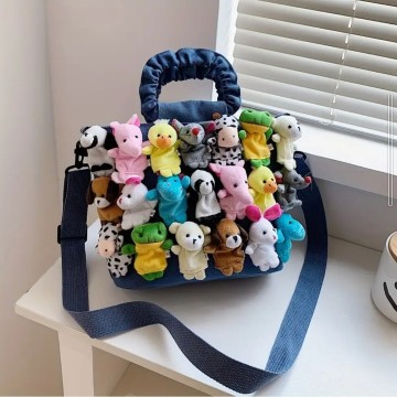 カラフルぬいぐるみジップクロージャー アニマルドールハンドバッグ ショルダーバッグ　斜め掛け うさぎ パンダ くま ヒヨコ 藍色 ネイビー