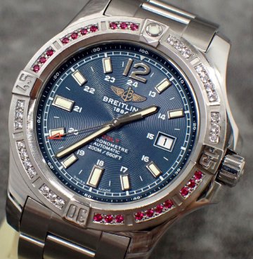 定価40万 44mm！磨き済 美品 ブライトリング A17388 ダイヤ ルビー コルト オーシャン 自動巻 メンズ 時計 青文字盤 ギャランティカード付