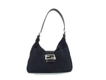 1円 FENDI フェンディ マンマバケット コットンジャージー×レザー ハンドバッグ ワンショルダーバッグ 肩掛け ブラック系 BM8115