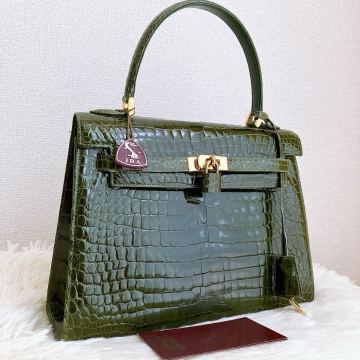 JRA認定 Crocodile クロコダイル革 ハンドバッグ グリーン シャイニング加工 センター クロシェットカデナ 1円スタート エキゾチックレザー