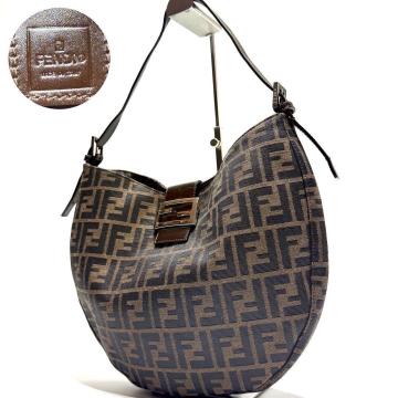 極美品●フェンディ FENDI ズッカ柄 マンマバケット ワンショルダーバッグ クロワッサン キャンバス レザー F金具 総柄 ブラウン 