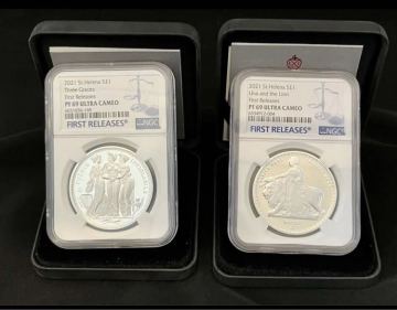 【2枚セット】2021 イギリス セントヘレナ ウナとライオン スリーグレイセス1ozプルーフ銀貨 PF69UC エリザベスコイン金貨ではない