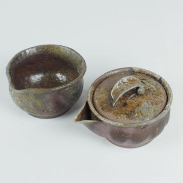 木村春芳 手捻り 備前 窯変 宝瓶 湯冷まし 古作2点にて 時代物 備前焼 煎茶器 煎茶道具【詳細写真多数有り】