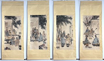 【安】中国近時代画家「傅抱石書」紙本「琴棋画人物図四条屏」掛軸 中国画 墨寶妙品 中国書道 古美味 古美術 343