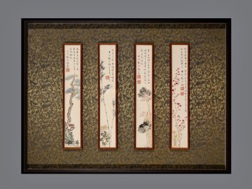 【安】中国近時代画家「張伯駒書」紙本「花卉図四条屏」額装 掛軸 中国画 墨寶妙品 中国書道 古美味 古美術 330