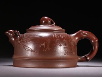 【安】急須 朱可心製 寿桃鈕竹鳥紋茶壺 宜興紫砂 常滑 朱泥急須 煎茶道具 茶壷 古美味 古董品 時代物 239