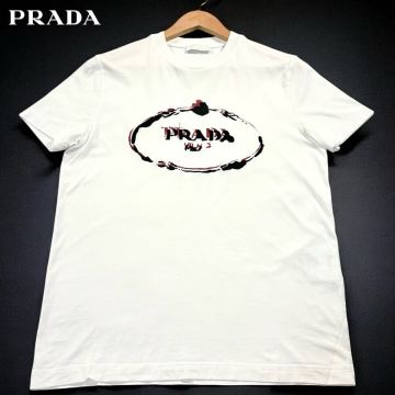 極美品●最高級 PRADA プラダ 半袖Tシャツ カットソー クルーネック ストレッチ コットン メンズ フロントロゴ ペイント スタンプ Mサイズ