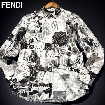 極美品/Lサイズ●最高級 FENDI フェンディ カールラガーフェルド 長袖シャツ ストレッチ 総柄 ロゴ グラフティ モノクロ 洗濯可◎ 白 40