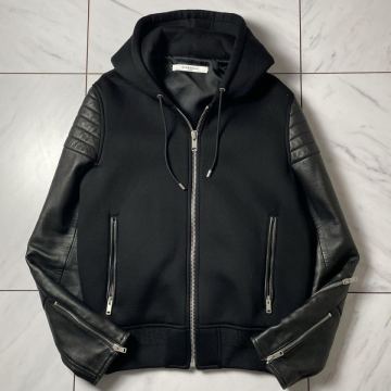 美品 GIVENCHY 袖レザー ジップアップ パーカー フード付 ライダース ジャケット 羊革 ラムレザー 袖切替 ブラック 黒 ジバンシー 46 M相当
