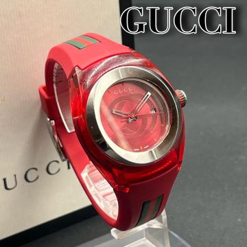 1円 箱付 稼働 GUCCI sync グッチ シンク archive y2k Watch rubber 腕時計 デイト ラバーベルト 赤 レッド シェリーライン