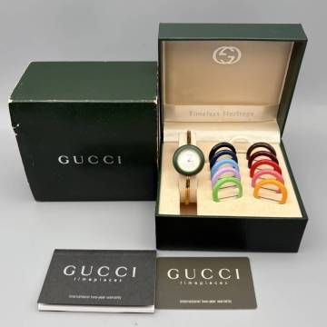 美品 稼働品 GUCCI グッチ チェンジベゼル 11/12.2 白文字盤 クオーツ バングル 時計 レディース 