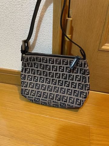 FENDI フェンディ ズッキーノ アクセサリーポーチ ハンドバッグ キャンバス レザー ブラウン