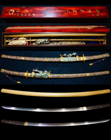 平将門御陣太刀　在銘『天國』 『平将門持之』黄金色絵太刀拵え付き　景隆花押の豪華御刀箱文化財保護登録